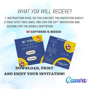May include: A blue and yellow printable invitation with a Pokemon theme. The invitation includes instructions for editing the text and downloading the invitation in two sizes: 5x7 inches and mobile.