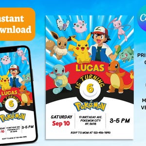 Pokemon Invitation, Pokemon Birthday Invitation, Editable Digital Invite, Instant Download