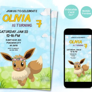 Girl Pokemon Birthday Invitation, Eevee, Editable Template (Digital Download)