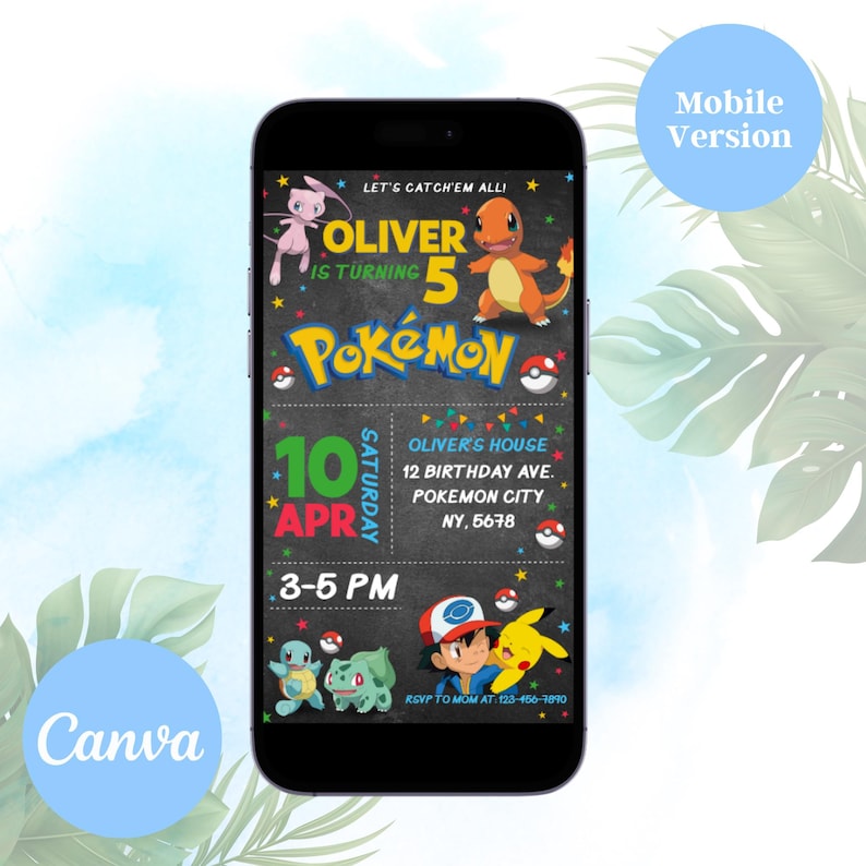 May include: A mobile phone screen displaying a Pokemon-themed birthday invitation for a 5-year-old boy named Oliver. The invitation features a black chalkboard background with colourful text and graphics, including a Pikachu and a Charmander. The invitation includes the date, time, and location of the party, as well as a request to RSVP to the mother.