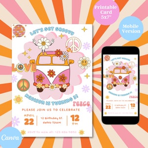 Groovy Retro Birthday Invitation, 70s Hippie Vibe (Editable Digital Invite)