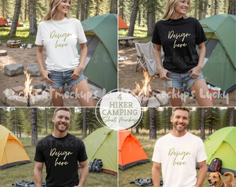 4 Camping Hiker White & Black T-Shirt Mockups for Woman and Man Tent Camp in wood mountains nature park, Summer outdoor activity TShirt mock