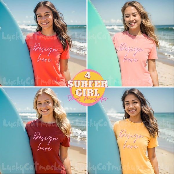 4 Female Surfer TShirt Mockups in colours Red Sunset Cardinal Yellow Gold, Outdoor Beach lifestyle woman Tee model, Bella Canvas 3001 Gildan