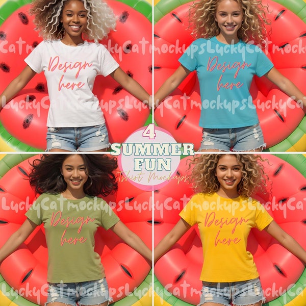 4 Bright Colorful Woman Tshirt Mockups for Summer Fun Vacations & Holidays Designs in Bella Canvas 3001 white aqua blue heather green gold