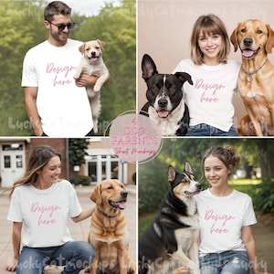 4 犬の飼い主の白い T シャツのモックアップ バンドル、男性と女性のペットの犬の飼い主向け T シャツ デザイン ディスプレイ、大きなかわいい犬の家族、犬のママとパパのモックアップ