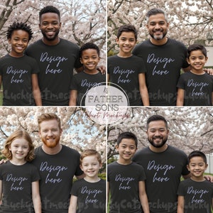 Può includere: Quattro persone indossano magliette nere con la scritta "Design here" stampata su di esse. Le persone sono in piedi davanti a uno sfondo di fiori di ciliegio rosa.