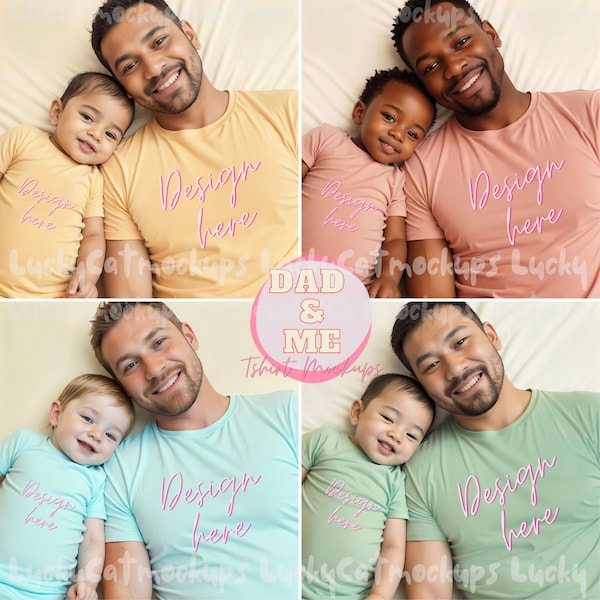 4 Dad and Baby Matching TShirt Mockups in Yellow Heather Sunset Peach Turquoise Blue Mint Bella Canvas 3001 Daddy & Me Father Child Mock