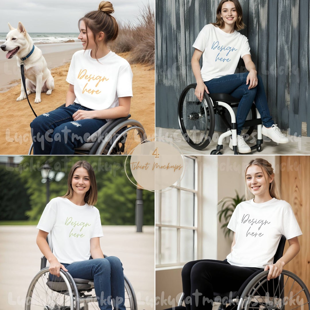 4 White Tshirt Mockup for Disabled Woman in Wheelchair, Invalid