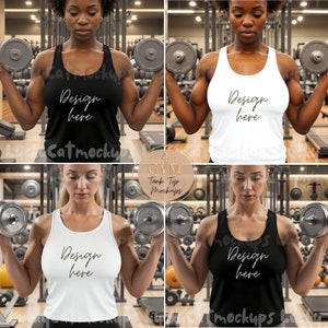 May include: Four mockups of a person wearing a black and white tank top while lifting weights in a gym. The text "Design here" is on each tank top.