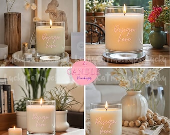 4 Styled Candle Mockup bundle in atmospheric cosy vintage & boho interior with plants books flowers for scented candle label design display