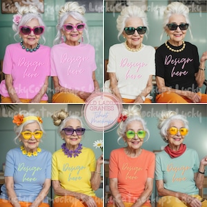 May include: Four older women wearing colorful shirts and sunglasses pose for a photo. The shirts are blank and say "Design here" on them. The women are sitting on chairs in front of a blue wall.