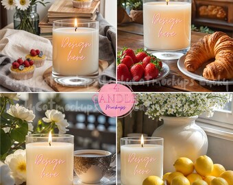 4 Styled Candle Mockup bundle in atmospheric cosy environment with lemons berries flowers and pastry for scented candle label design display