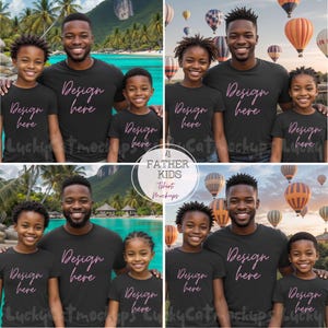 May include: Four black t-shirts with the text "Design here" in pink lettering. The shirts are worn by a father and three children. The father and children are standing in front of a beach and tropical scenery.