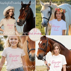 Puede incluir: Cuatro maquetas de una camiseta blanca con el texto "Design here" en ella. Cada maqueta presenta a una persona diferente usando la camiseta y de pie junto a un caballo. Los caballos son marrones y blancos, y las personas llevan jeans y ropa informal.