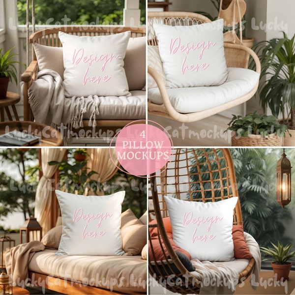 4 Blank Throw Pillow Mockup bundle for styled cushion in cosy warm home interior, Accent pillow mock up with boho swing chairs plants lamps