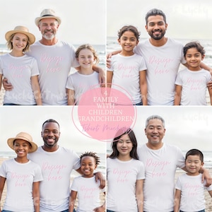 4 família combinando camiseta branca maquetes pai com filhos filho filha mock avô avô com netos neto neta