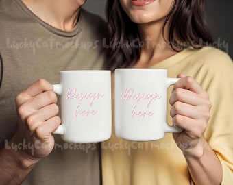 Double Mug Mockup with Couple holding them 11 oz front and back view or matching white Tea Coffee Cups mock up for Couples gifts designs etc