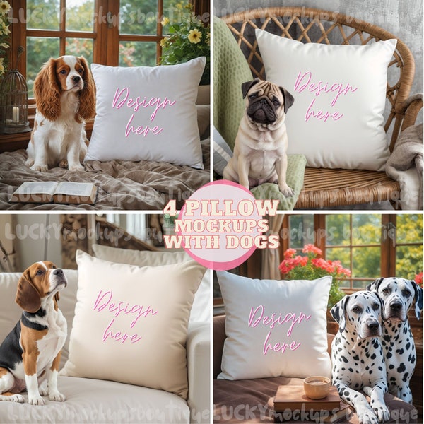 4 Dog and Puppy Pillow Mockups for Accent Throw Pillow with dog breeds Pug Beagle Dalmatian & King Charles Spaniel, Cute Pillow with pet dog