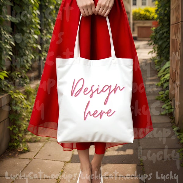 Tote Bag Mockup with model in red skirt or dress holding white blank cotton canvas tote bag for shopping or traveling old town streets mock