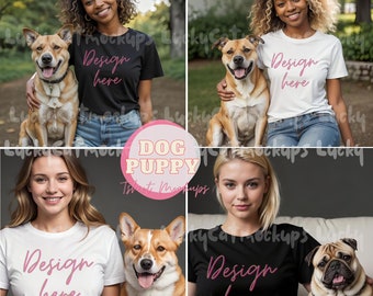 Female T-Shirt Mockups with Dog – Bella Canvas 3001, Black & White (Digital Download)