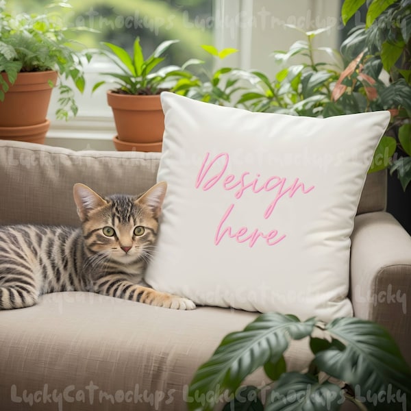 Pillow Mock up with cute Kitten and plants, Cousy Accent Throw Pillow mock with stripy pet cat for warm homey styled pillow designs