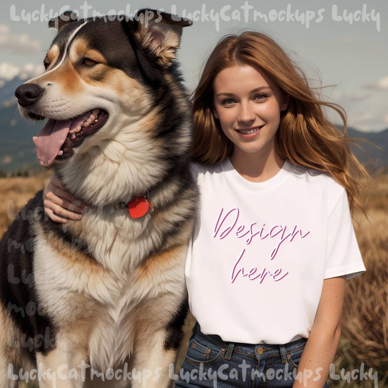 May include: A woman with long, red hair is wearing a white t-shirt with the text "Design here" in purple. She is standing next to a large, brown and white dog. The dog is wearing a red collar with a tag.