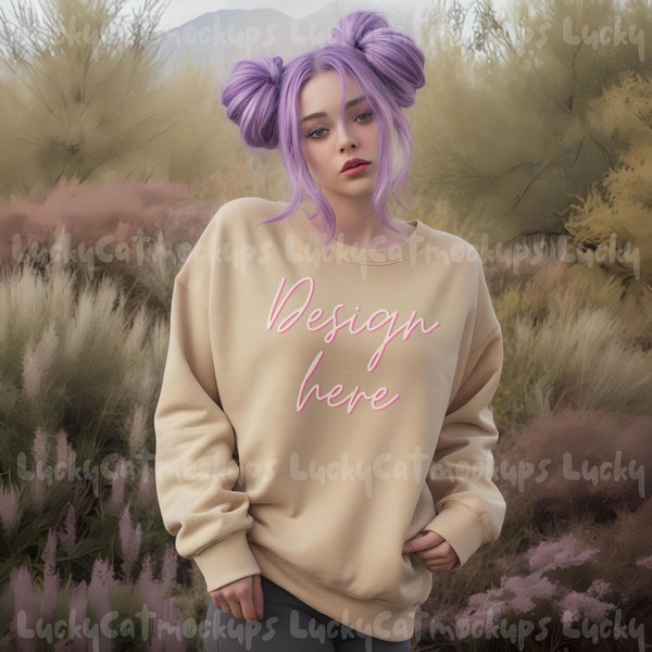 Gildan 18000 Sand Sweatshirt Mockup for Woman G180 Heavy Blend Crewneck Female Sweater Oversized fit Comfort colour Nature mock up Beige Tan