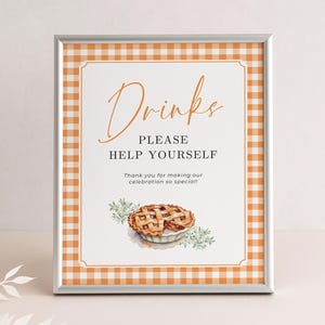 Peut inclure: Panneau encadré avec bordure argentée et fond blanc. Le panneau présente des bordures vichy orange et les mots "Drinks, Please Help Yourself" en écriture élégante. Une illustration de tarte à l'aquarelle est en bas.