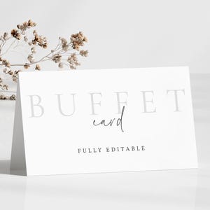 Etiqueta de comida editable, moderna y minimalista para baby shower, tarjeta de buffet de boda plegable elegante, imprimible, en blanco y negro neutro, LP0011