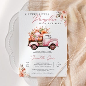 Herbst-Baby-Dusche-Einladung Mädchen rosa LKW editierbare süße kleine Kürbis auf dem Weg digitale Einladung druckbare Herbst-Ernte-Dusche LP0064