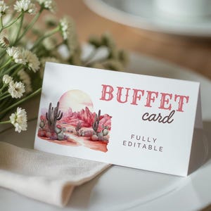 Editable Little Cowgirl Foldable Buffet Tent Card Printable Elegant Pink Western Rodeo Party Food Label Girl Wild West Desert Cactus LP0096