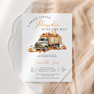 Fall Baby Shower Invitation Girl Green Truck Editable Sweet Little Pumpkin On The Way Digital Invite Printable Autumn Harvest Shower LP0060