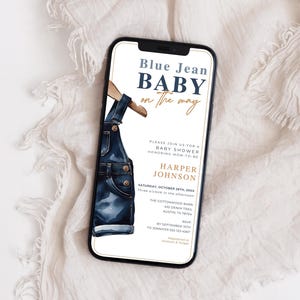 Blue Jean Baby On The Way Baby Shower Evite Editable Denim Overalls Electronic Invitation Western Email Text Digital Ecard Template LP0108