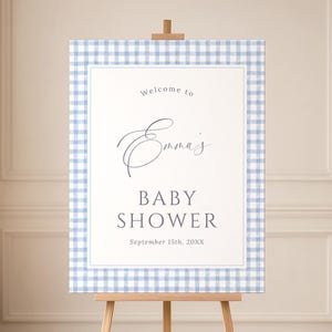 Blue Gingham Baby Shower Welcome Sign Printable Preppy Checkerboard Party Backdrop Poster Editable Classic Boy Signage Template LP0175