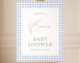 Willkommensschild für die Babyparty mit blauem Vichy-Karo, druckbare, elegante Schachbrettmuster-Party-Hintergrundvorlage, bearbeitbare Vorlage für klassische Jungenschilder LP0175