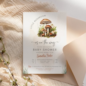 Little Mushroom está en camino invitación al baby shower, invitación digital editable del bosque encantado, plantilla de Canva personalizable de hongos, LP0012