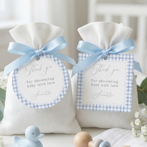 Etiqueta de regalo para baby shower de cuadros azules, etiqueta de regalo elegante, imprimible, clásica, de agradecimiento, azul suave, LP0090