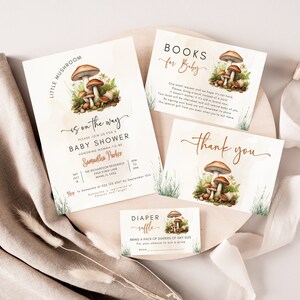 Little Mushroom está en camino Paquete de invitación para baby shower, libros para bebé, rifa de pañales, tarjeta de agradecimiento, plantilla Canva editable, LP0012