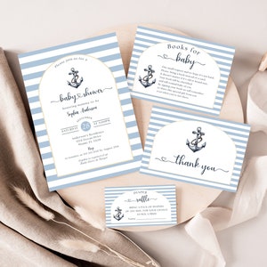 Suite nautica per inviti per baby shower, pacchetto di inviti neutrali rispetto al genere costiero, libri modificabili per biglietto di ringraziamento per la lotteria dei pannolini per bambini, LP0017
