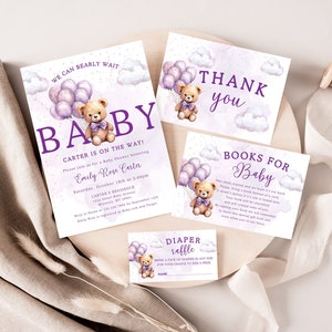 Pacchetto modificabile di invito per baby shower con palloncino marrone orsacchiotto Possiamo aspettare con difficoltà Libri per bambino Viola Genere neutro Lotteria pannolini LP0031