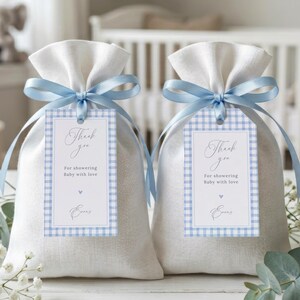 Rechteckige, druckbare Geschenkanhänger im klassischen, karierten Stil mit blauem Vichy-Karo für Babypartys – elegante, bearbeitbare Vorlage für Jungen (LP0175)