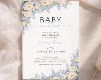 Blue Baby in Bloom Baby Shower Invitation Template Hydrangea Floral Boy Shower Invite Printable Garden Party Card LP0168