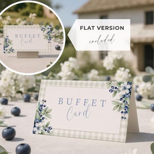 Peut inclure: Une carte de buffet avec une bordure vichy vert clair et des accents floraux avec des myrtilles et des fleurs blanches. La carte indique "BUFFET Card" dans une police bleu clair. Une version plate est incluse.