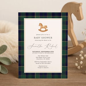 Convite para chá de bebê xadrez, equestre, para imprimir, convite para menino, cavalo de balanço, xadrez rústico, cartão digital, sofisticado, clássico, country, LP0125