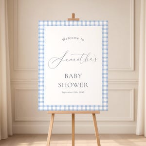 Elegant Blue Gingham Baby Shower Welcome Sign Soft Blue Watercolor Printable Party Signage Classic  Editable Poster Digital Download LP0090