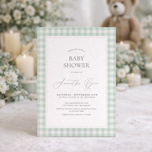 Sage Green Gingham Baby Shower Invite Editable Gender Neutral Classic Digital Invitation Printable Card Template Digital Download LP0089