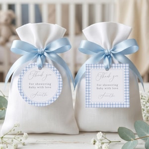 Blue Gingham Baby Shower Favor Tag Printable Preppy Checkerboard Round Square Thank You Label Classic Elegant Boy Editable Template LP0175