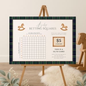 Puede incluir: Un tablero de juego de cuadrados de apuestas para bebés sobre un caballete. El tablero tiene un borde a cuadros verde y azul marino y presenta una cuadrícula para cuadrados, ilustraciones de caballos mecedores y el texto "Baby Betting Squares". El precio es de 5 € por cuadrado.