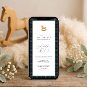 Plaid Baby Shower Evite Equestrian Editable Rocking Horse Tartan Mobile Invitation Green Navy Polo Email Text Invite Country Classic LP0125