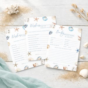 Przepowiednie i porady dotyczące narodzin dziecka Sea You Soon Karta życzeń nadmorskich Porady dla rodziców dotyczące muszli do druku Pamiątka aktywności dla rodziców, neutralna pod względem płci LP0112
